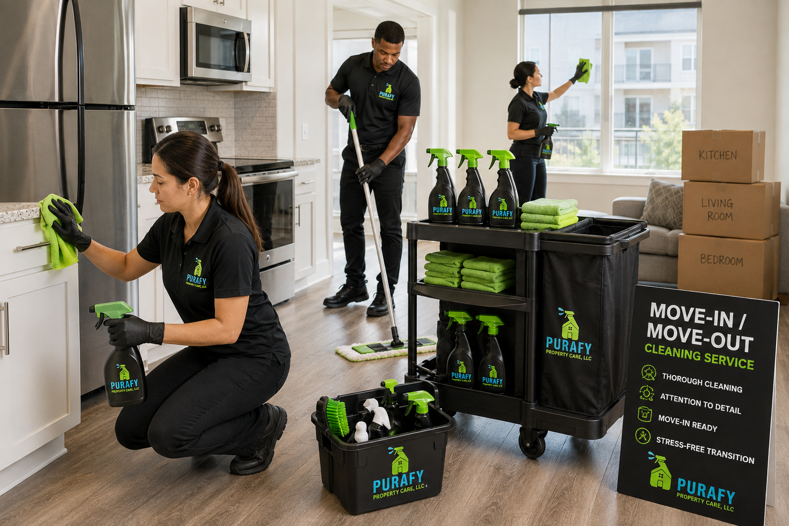 Three professional cleaners from Purafy Property Care, LLC in black uniforms cleaning a modern kitchen, with cleaning supplies organized on trolleys.