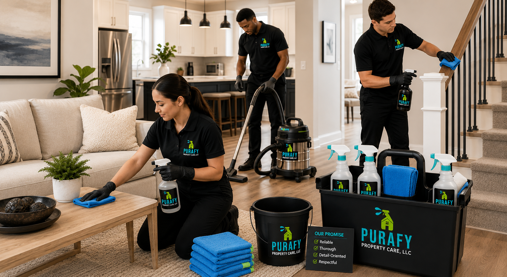 Three professional cleaners in black uniforms with the Purafy Property Care, LLC logo cleaning the interior of a modern home using various cleaning equipment.