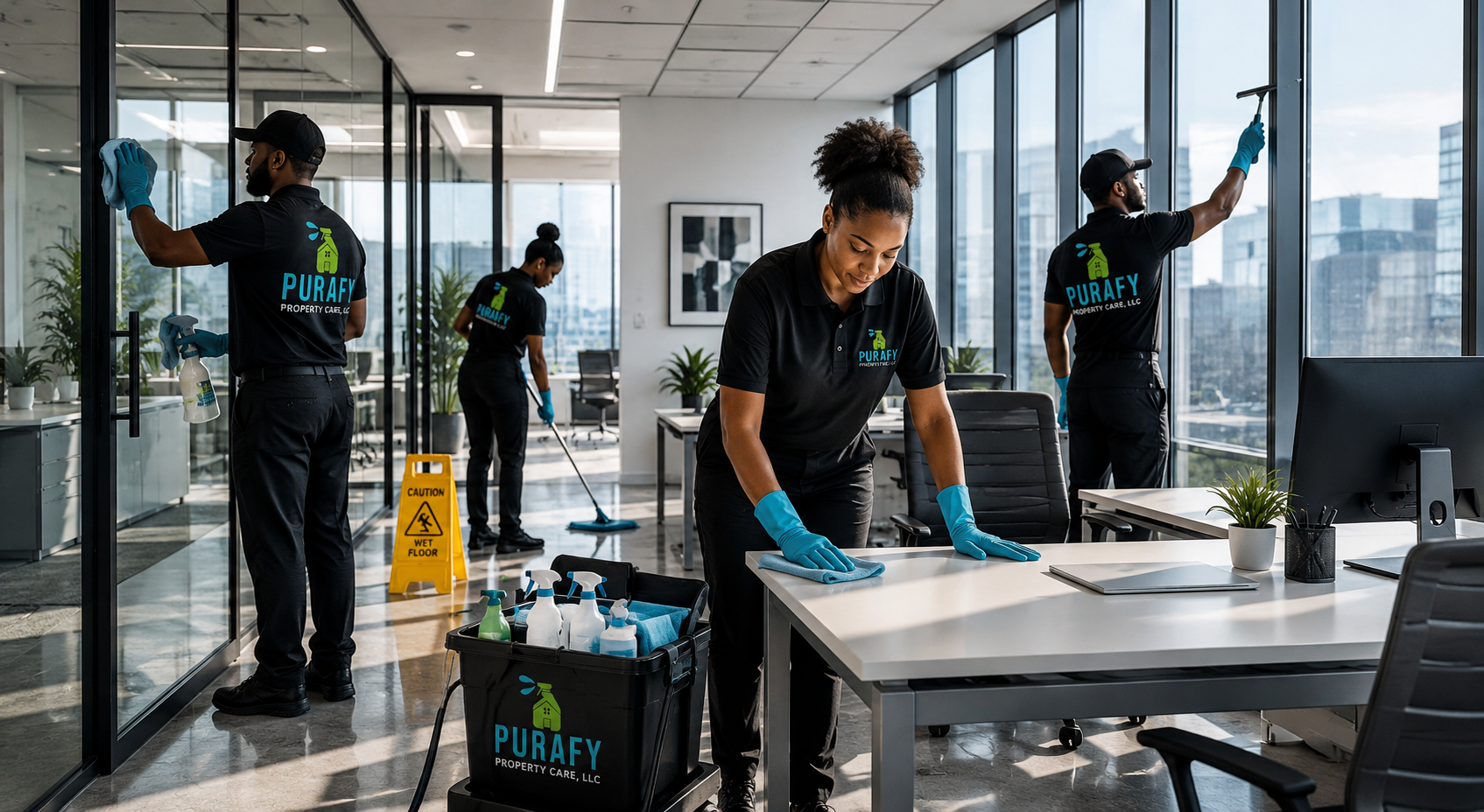 Cleaning staff in an office space wearing black uniforms with the Purafy Property Care, LLC logo and blue gloves while mopping and wiping surfaces.