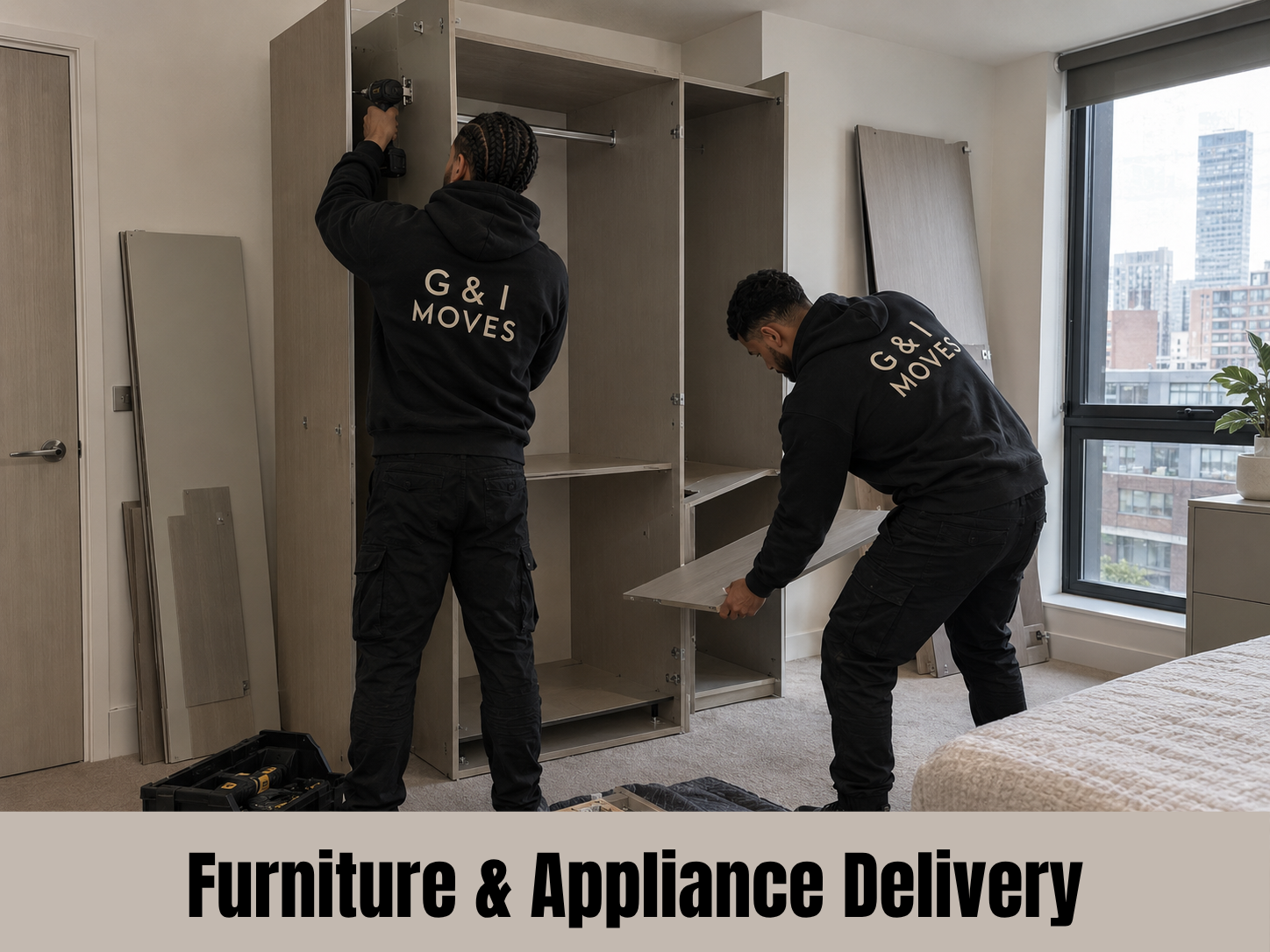 Two movers assembling furniture in a modern apartment with large windows and city view, wearing black hoodies with "G & I MOVES" printed on the back.