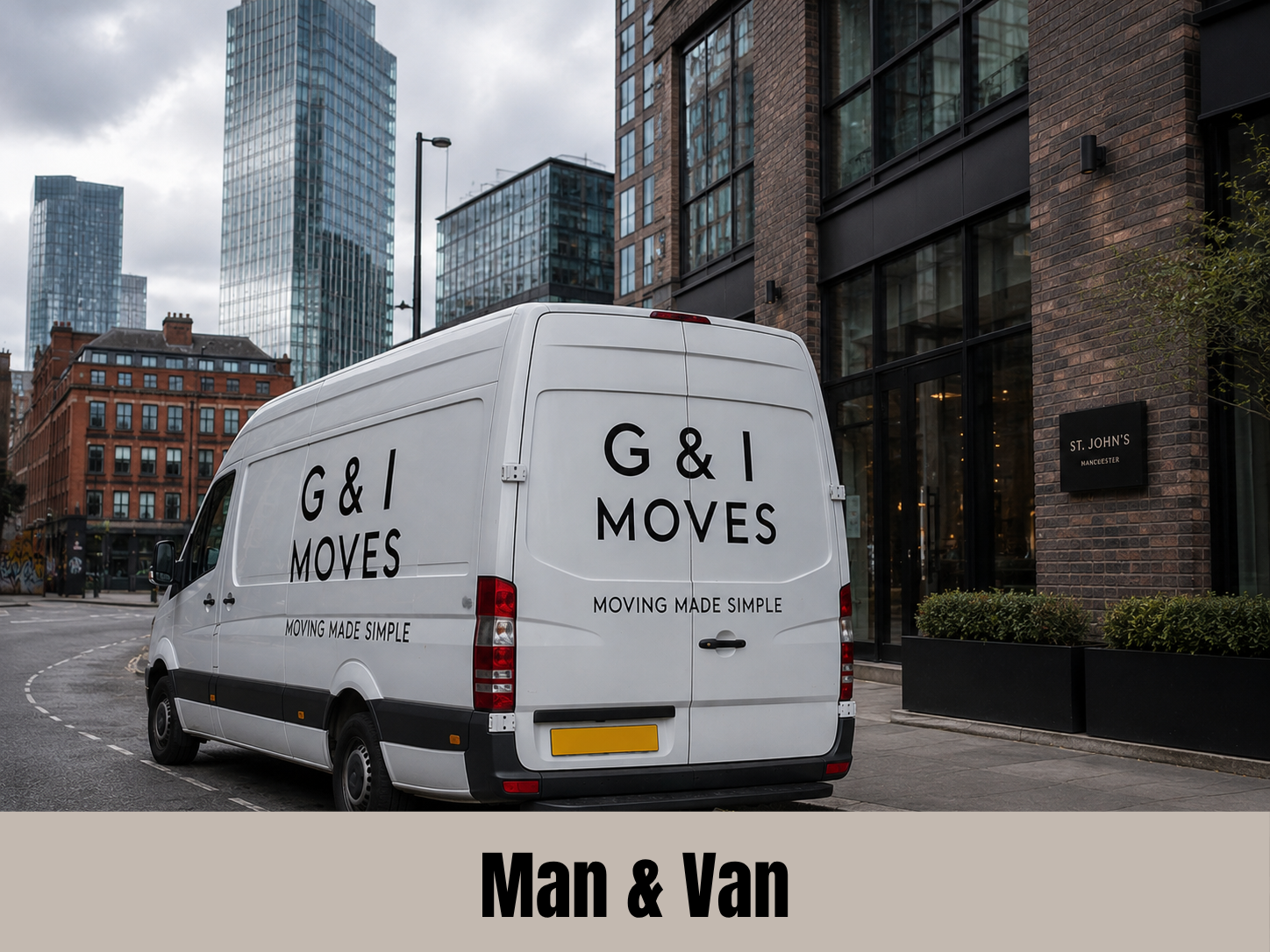 White moving van with G&I MOVES branding on a city street in front of modern buildings and a brick office building with a sign that reads St. John's MANCHESTER