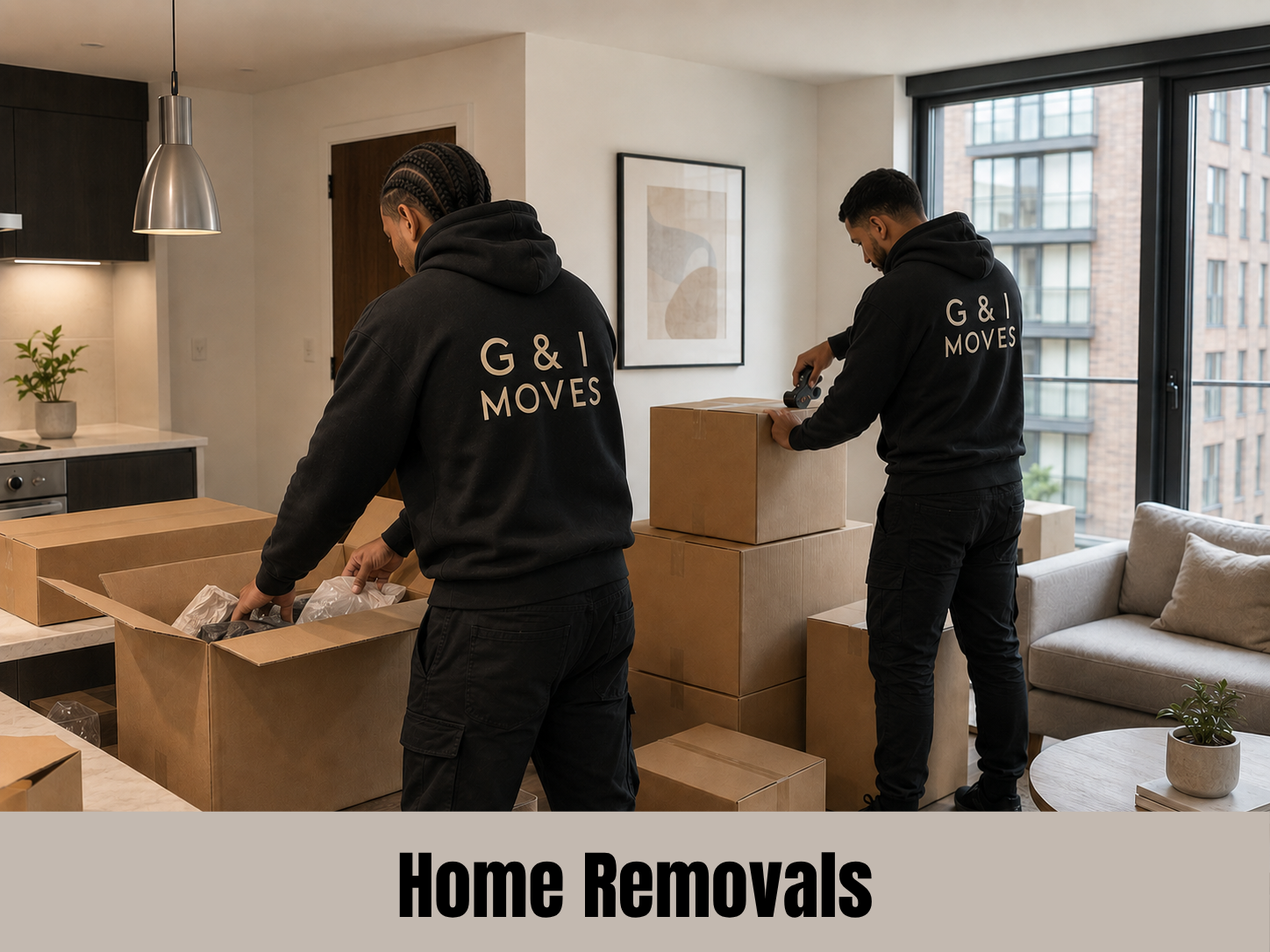 Two movers wearing black hoodies with 'G & I MOVES' logo are packing and preparing boxes for a home removal in a modern apartment with large windows, a sofa, and a coffee table.