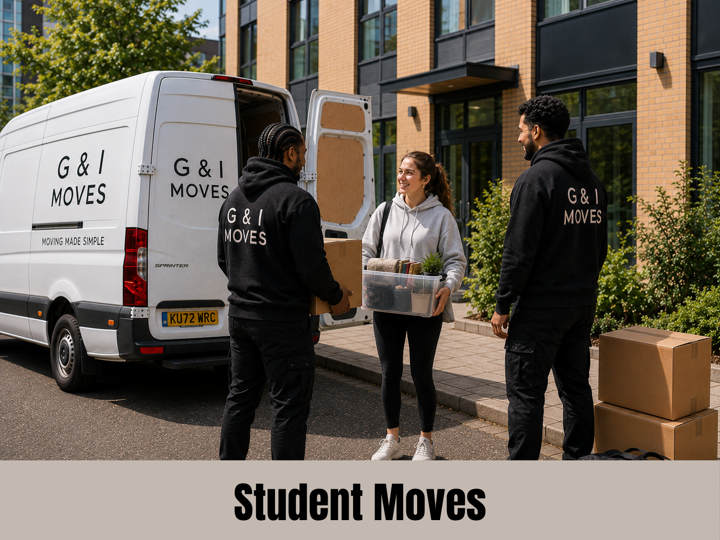 Three people, two men and one woman, loading moving boxes and supplies into a white moving van labeled 'G & I MOVES' on a city street with apartment buildings and greenery in the background.