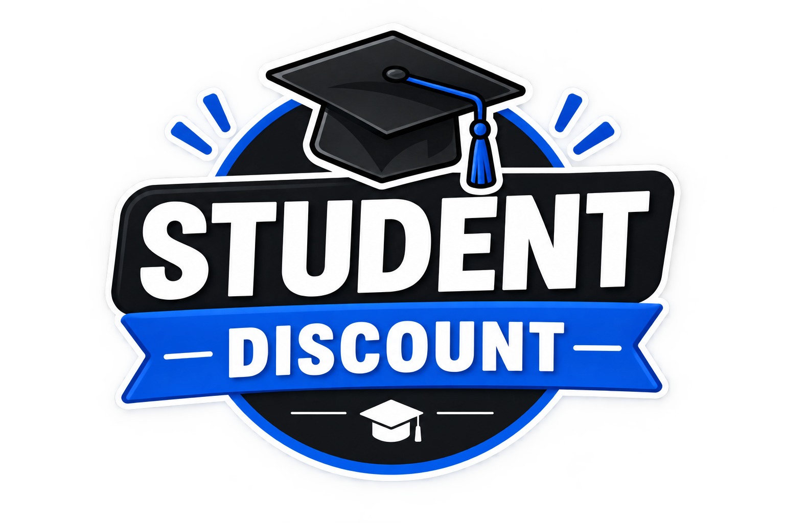 A digital graphic design featuring a black graduation cap with a blue tassel above the word 'STUDENT' in large white letters. Below, a blue ribbon banner displays the word 'DISCOUNT' in white. The overall theme emphasizes student discounts, combining academic symbols with promotional text.