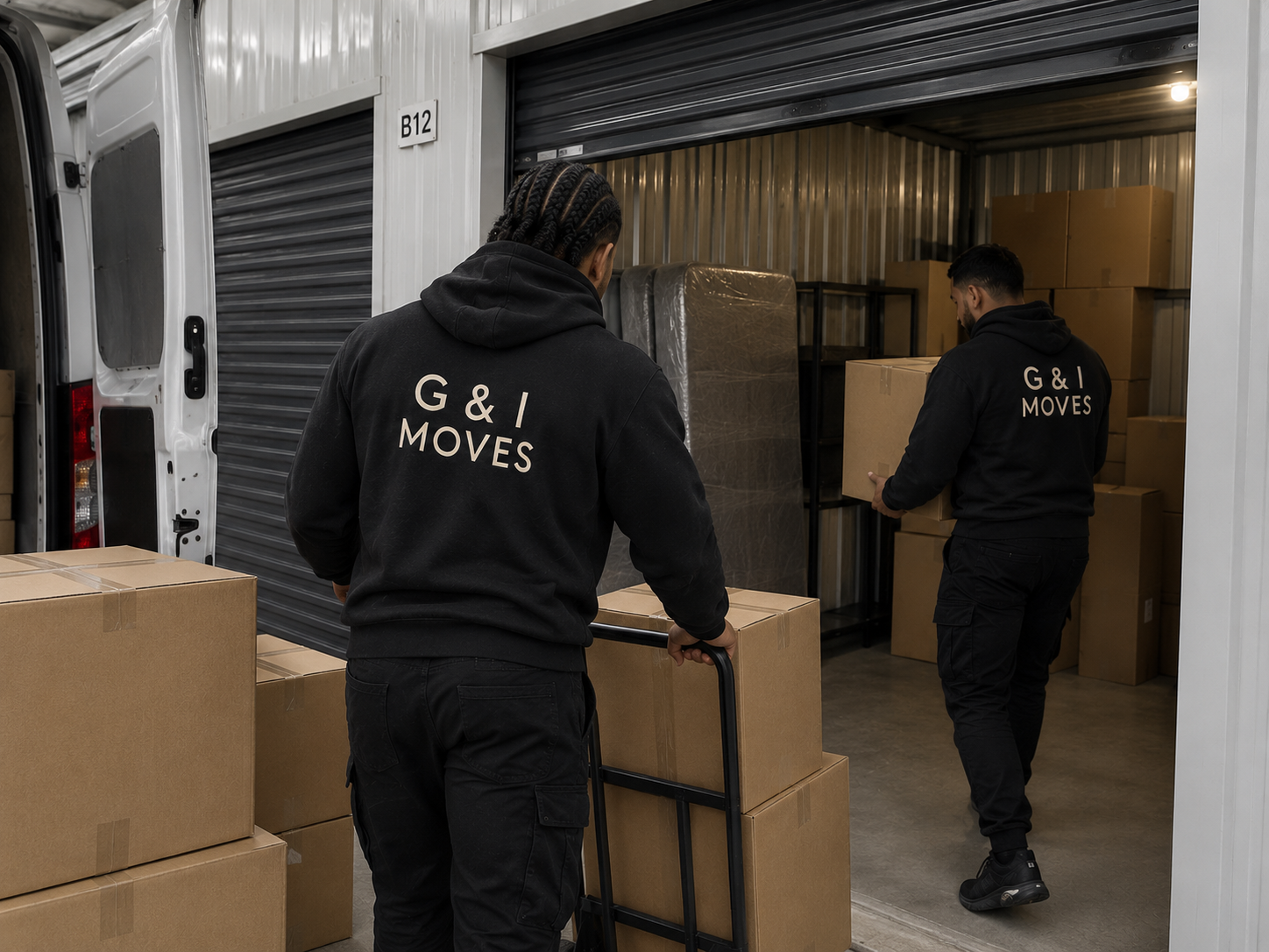 Two delivery workers wearing black hoodies with 'G & I MOVES' on the back, unloading cardboard boxes from a storage unit.