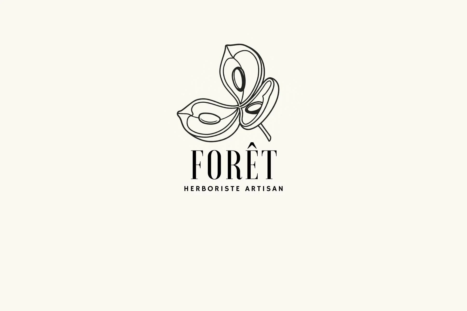 A minimalist logo for Forêt, an artisan herbalist, featuring a line art butterfly with seed pod wings above the text 'Forêt' and 'Herboriste Artisan' on a light background.