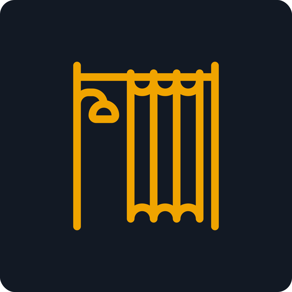 Outline of a shower with a showerhead and a dividing curtain on a dark background.