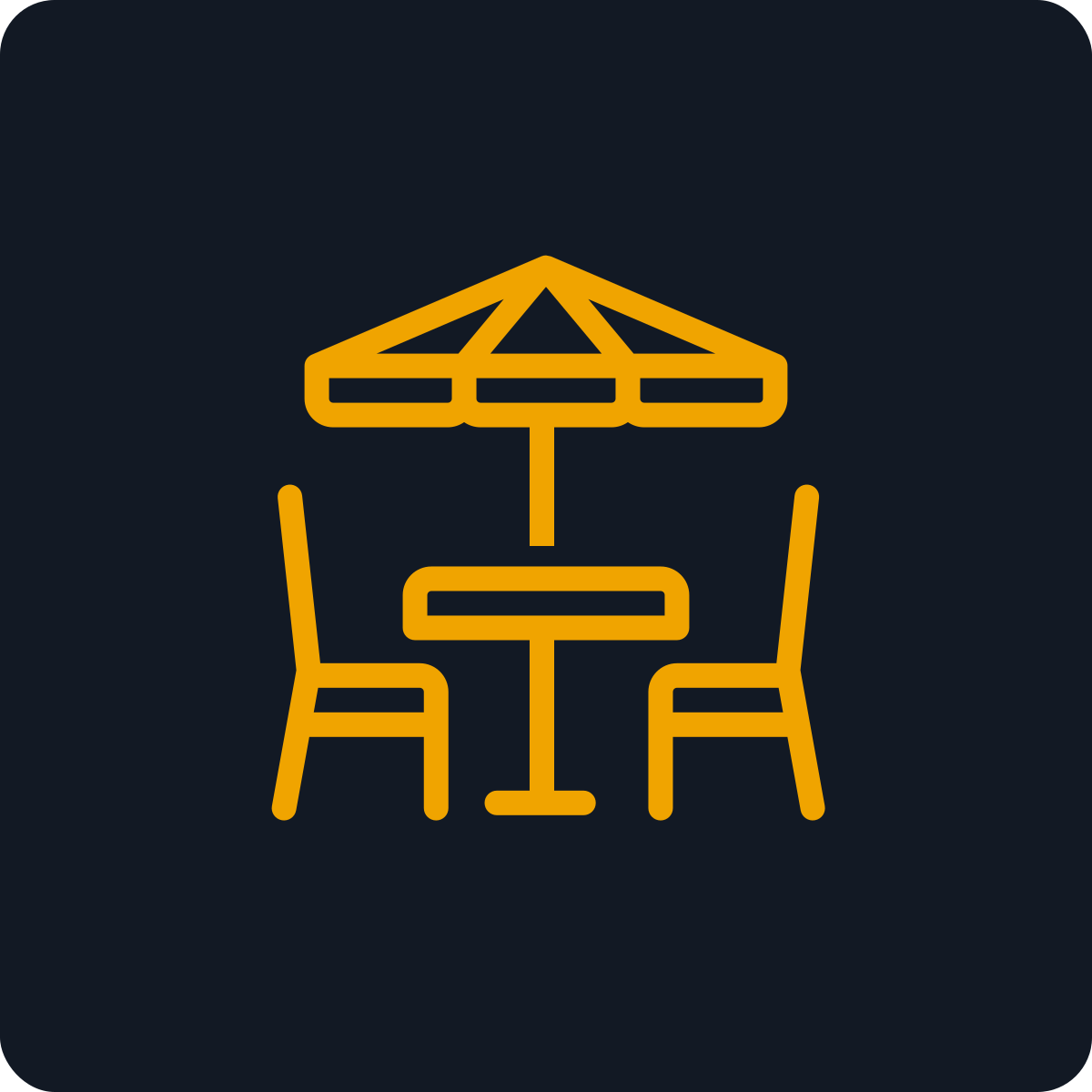 Icon of a table with two chairs and an umbrella, in yellow outline on a dark background.