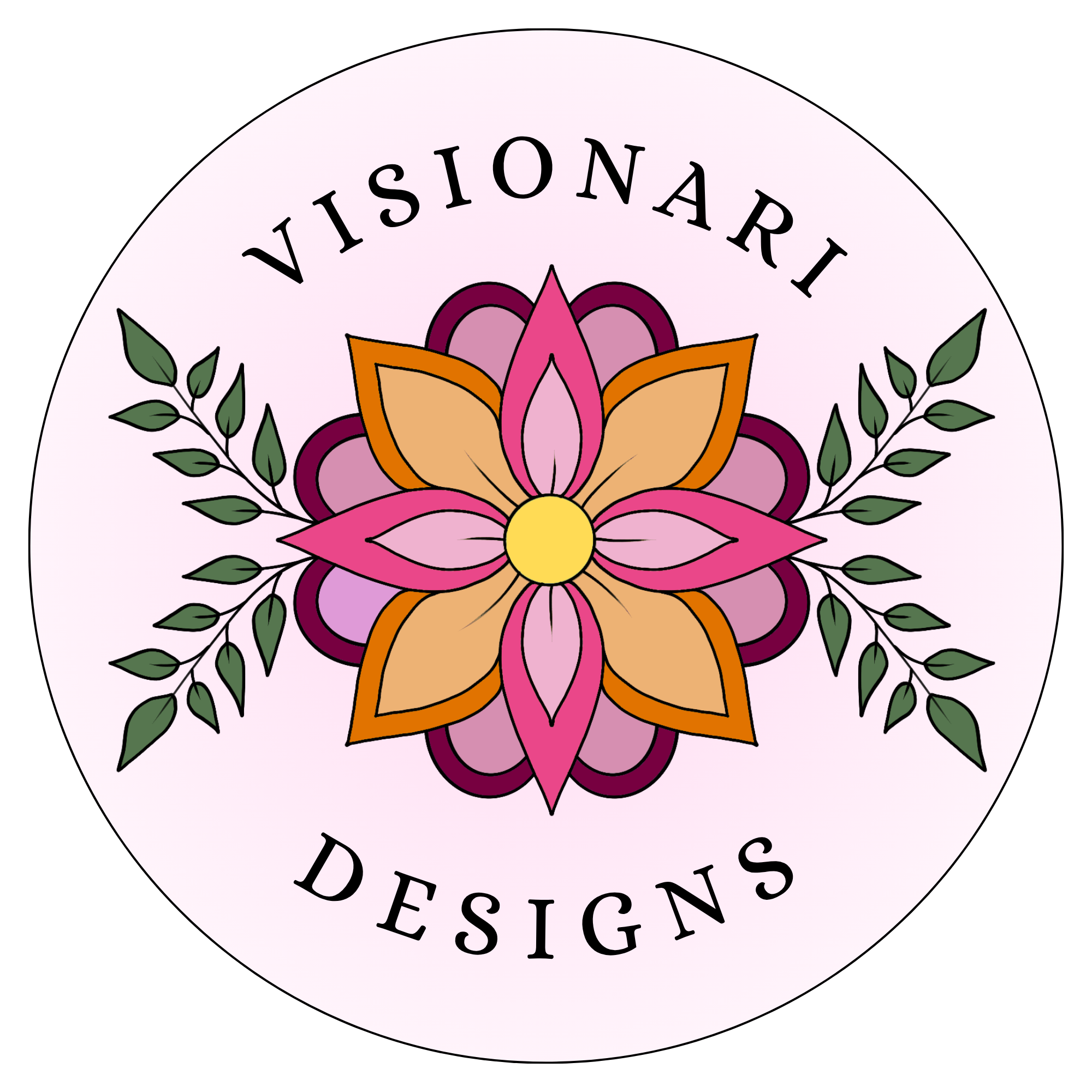 Circular logo with a floral design and the words 'VISIONARI DESIGNS' surrounding the flower in black text.
