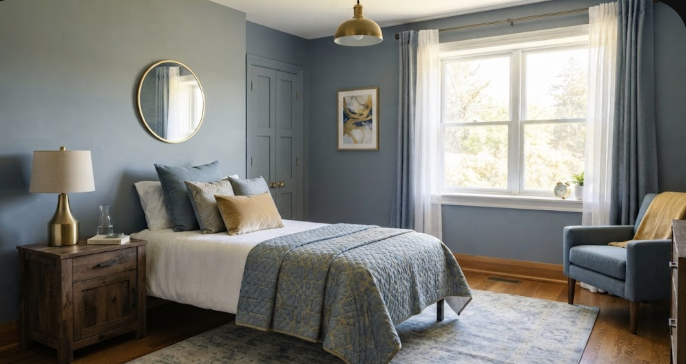 A cozy bedroom with blue walls, a large window with white curtains, a bed with gray and beige bedding and pillows, a wooden nightstand with a lamp and glass, a blue armchair with a beige pillow, a gold pendant light, and a framed abstract painting on the wall.
