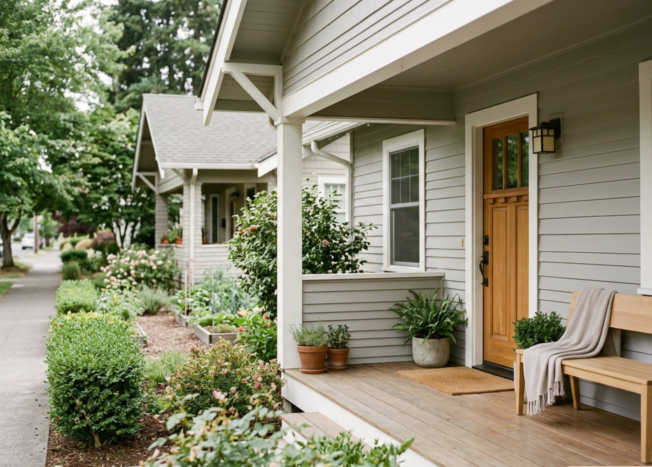 Front porch of a house with a wooden door, potted plants, and a cozy chair with a blanket. A garden with blooming flowers lines the sidewalk.