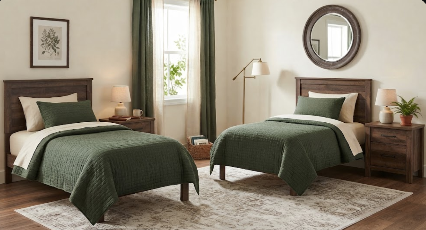 A bedroom with two beds, each with green bedding and a wooden headboard, nightstands with lamps, a mirror, a window with green curtains, and a plant on the nightstand.