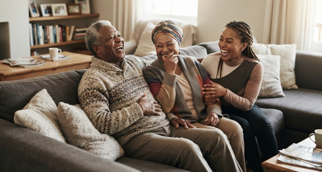 Three people sitting on a couch, laughing and enjoying each other's company in a cozy living room.