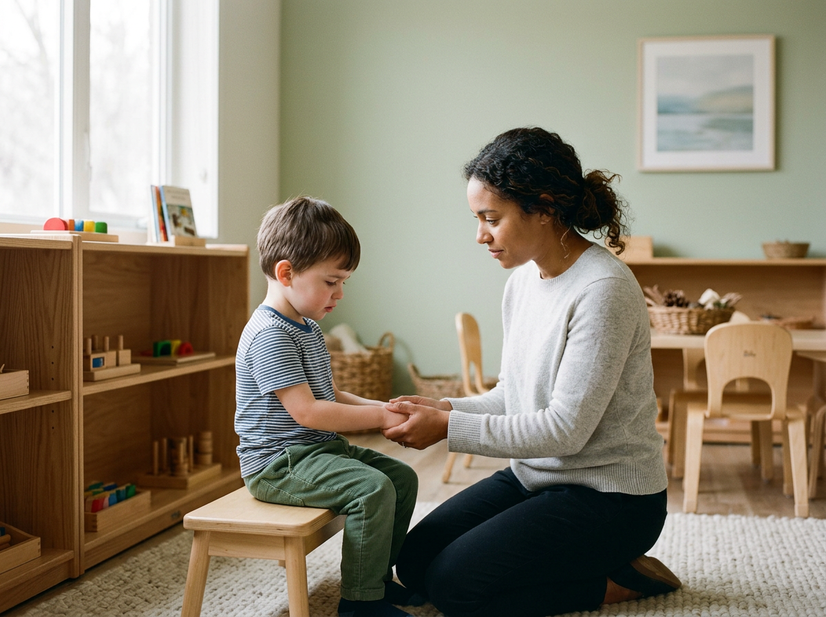 An early childhood educator supporting a neurodivergent preschool child having a difficult time.