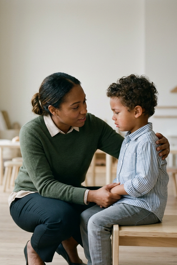 A teacher comforting a young boy in a special education classroom setting who is dysregulated.