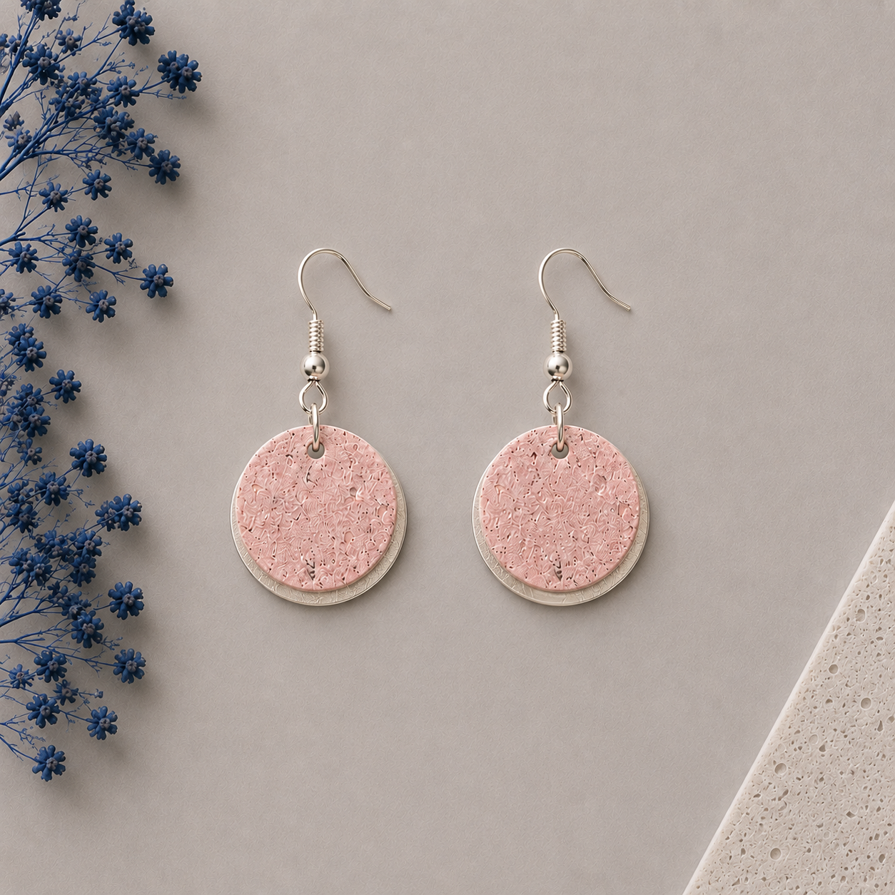 Round rose gold cork fabric earring with silver tone hardware