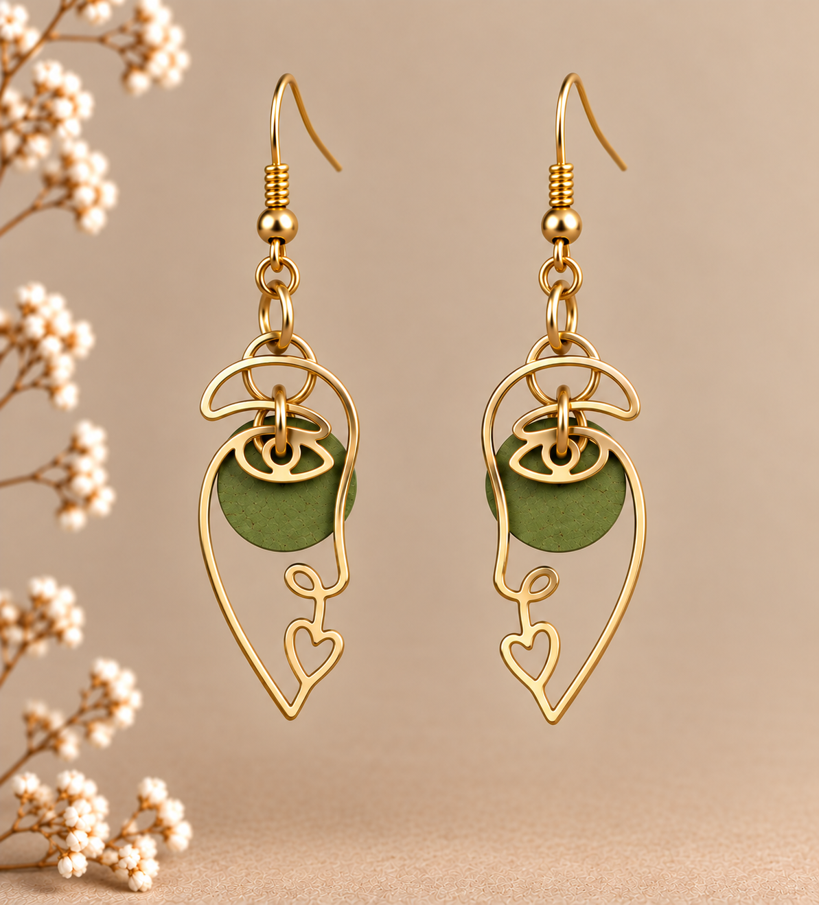 Abstract face gold-tone earrings with green cork fabric circles and heart detail.