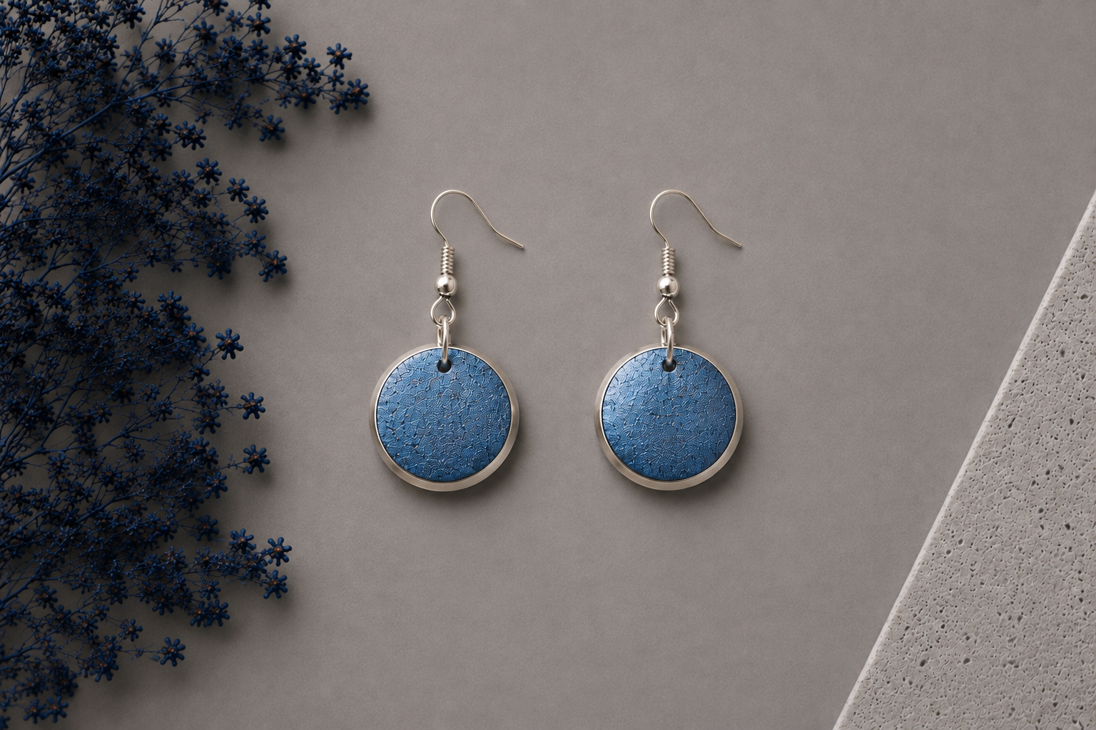 Round metallic blue cork fabric earring with silver tone hardware