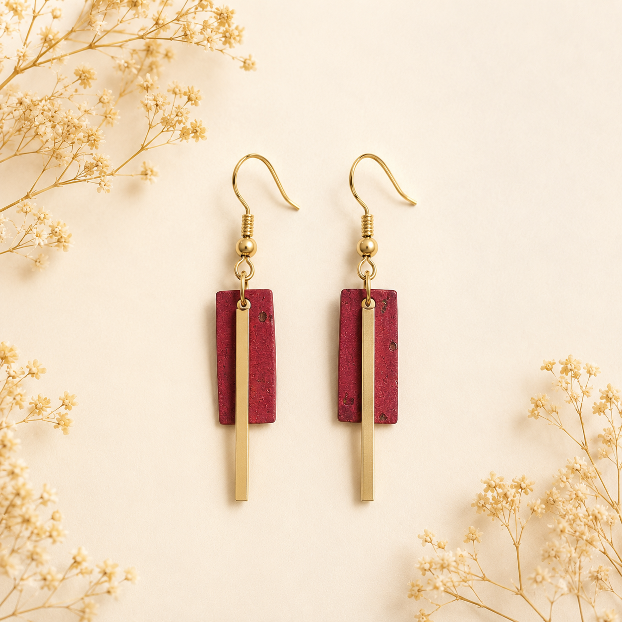 Geometric wine cork fabric earrings with sleek gold color bar