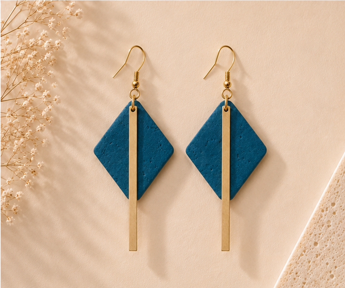 Diamond-shaped teal cork fabric earrings with sleek gold-color bar