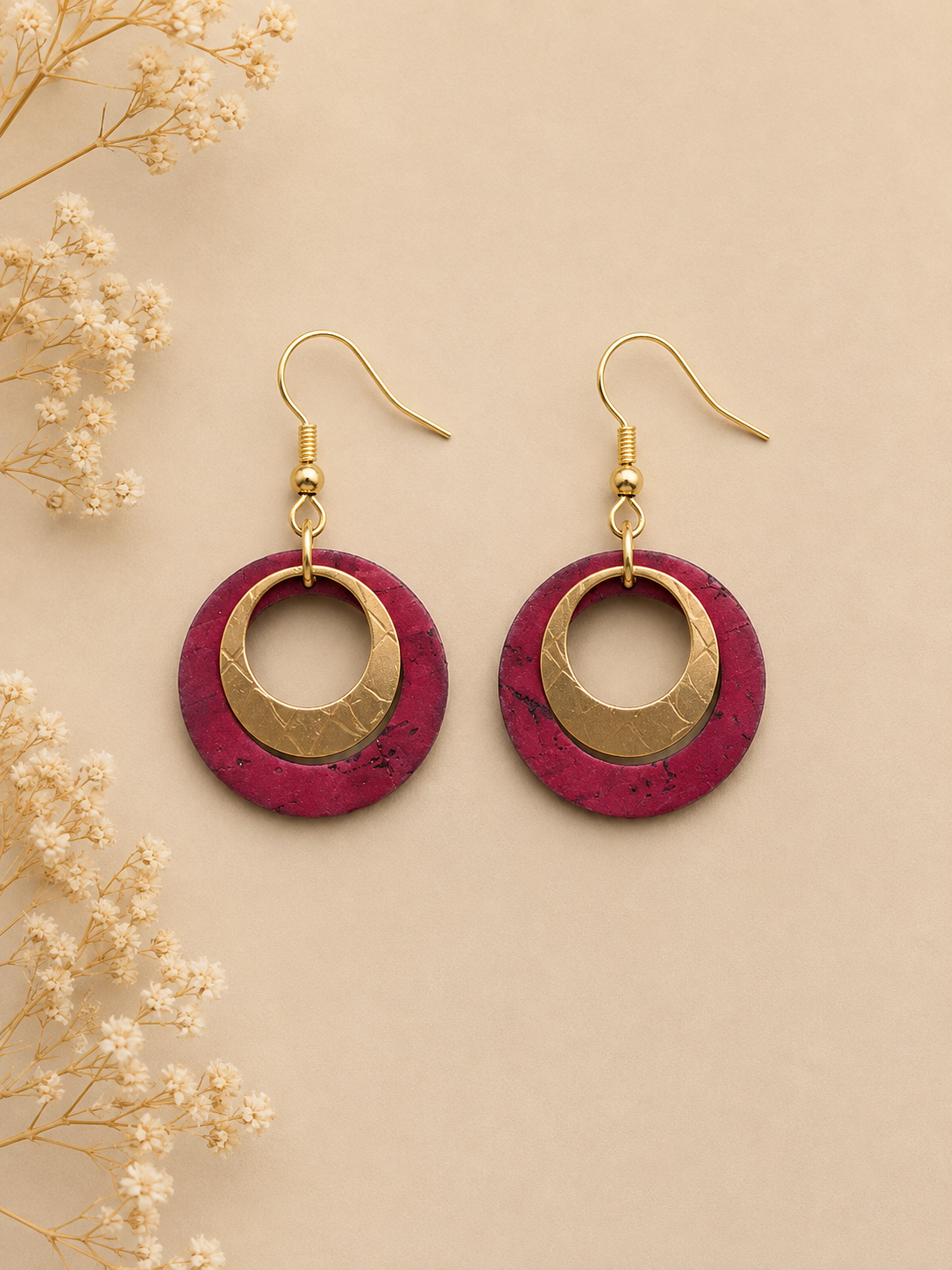Round wine cork fabric earrings with gold color ring