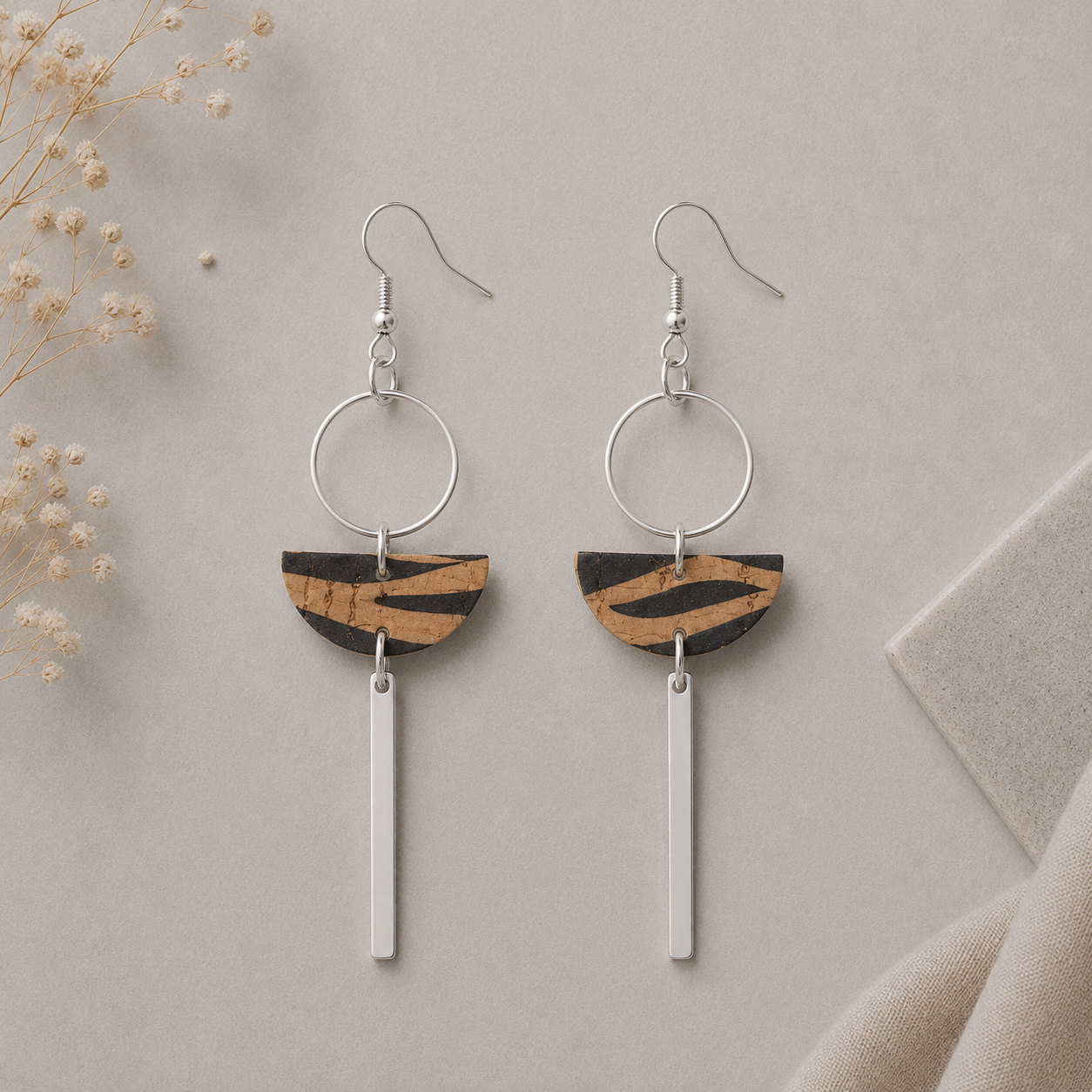 Geometric stripe pattern cork fabric earrings with silver color hoop and bar