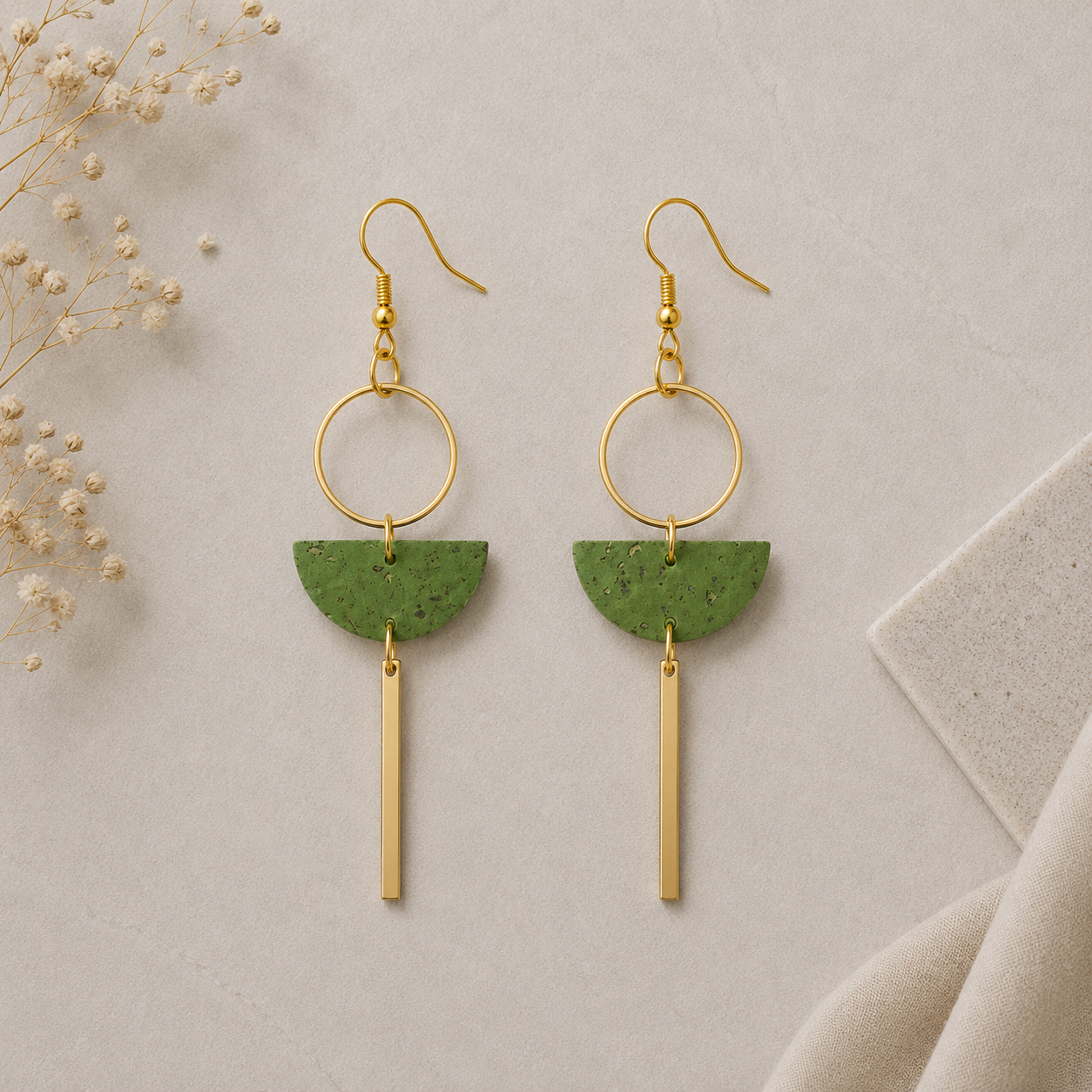 Geometric green cork fabric earrings with gold color hoop and bar