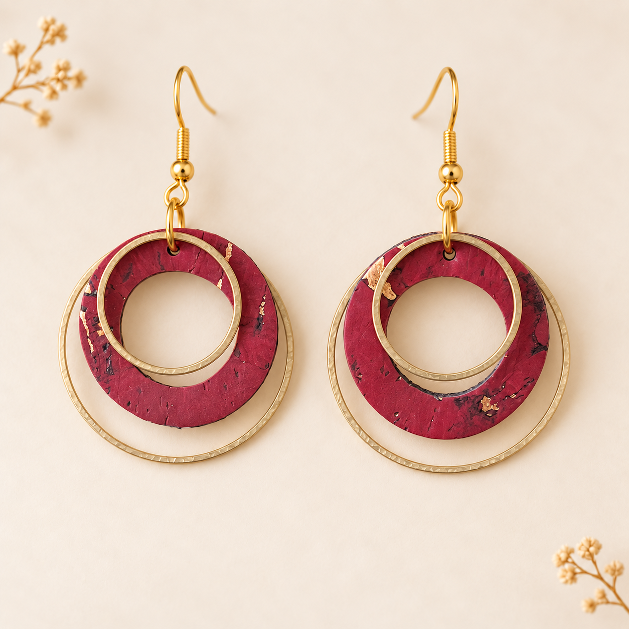 wine colored cork fabric with layered gold color hoops