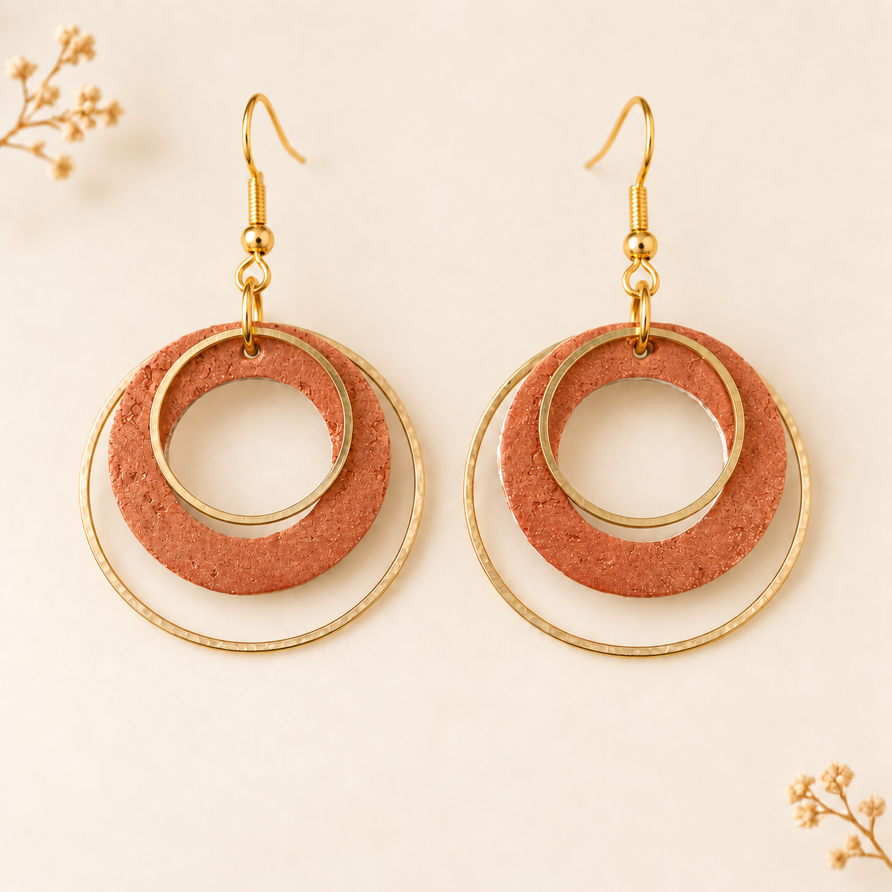 copper colored cork fabric with layered gold color hoops