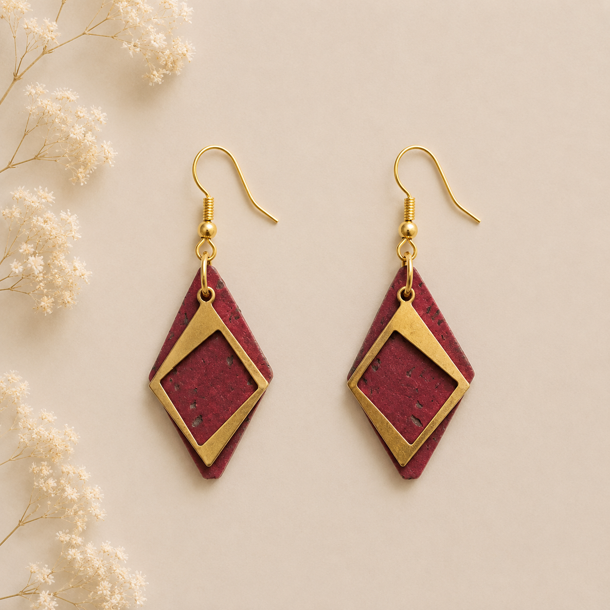 Wine cork fabric earrings with gold flecks and layered gold diamond-shaped frames