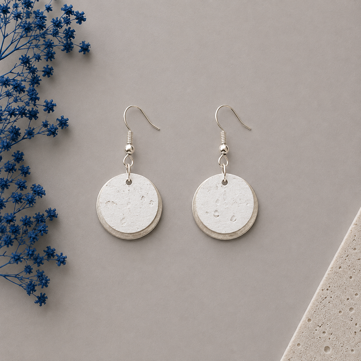 Round white cork fabric earring with silver tone hardware