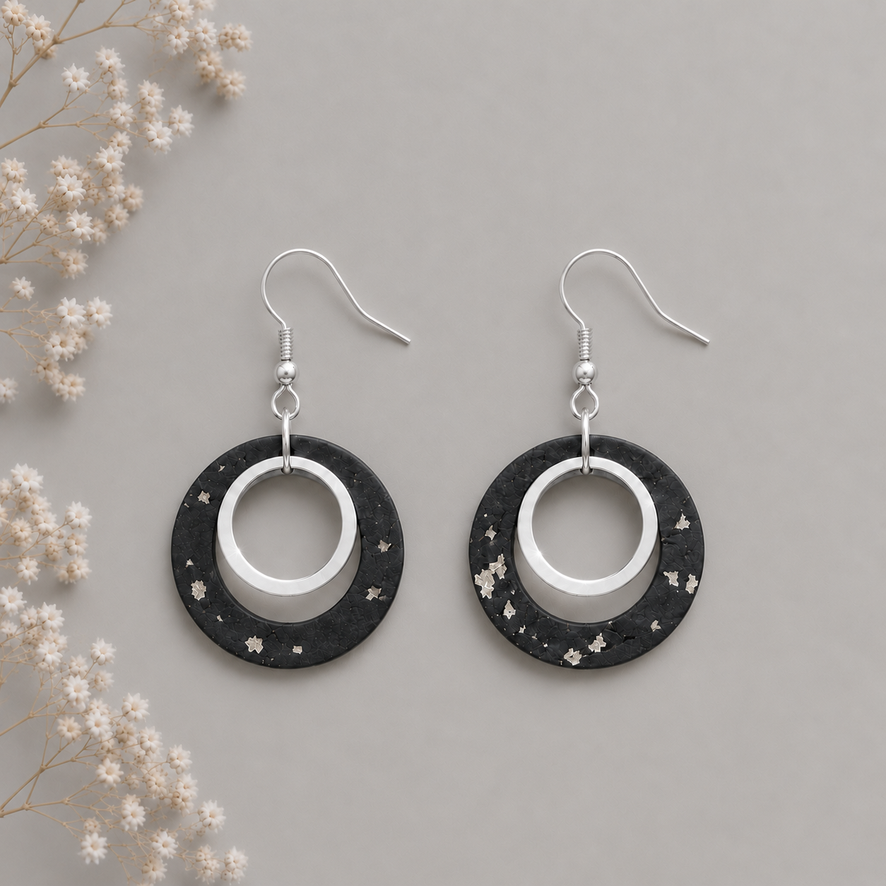 Round black silver cork fabric earrings with silver color ring