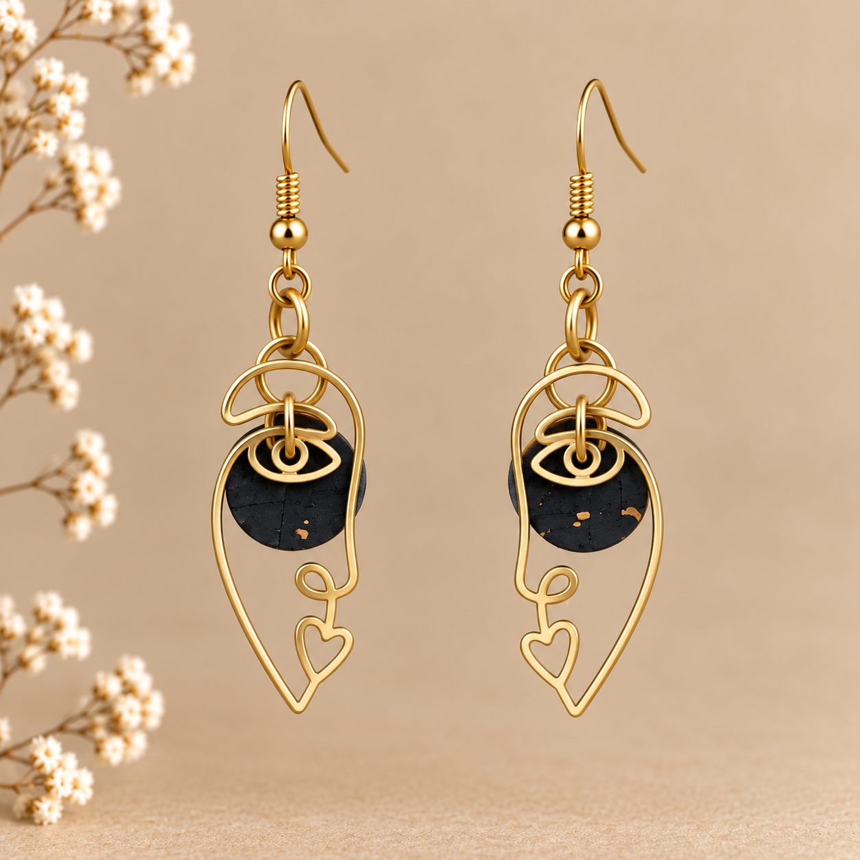 Abstract face gold-tone earrings with black cork fabric circles and heart detail.