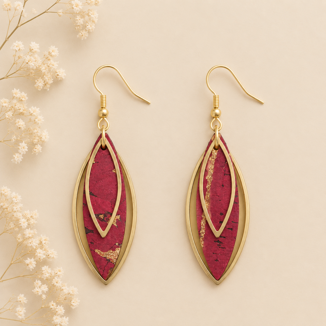 Leaf-shaped wine cork fabric earrings with gold color layered frames