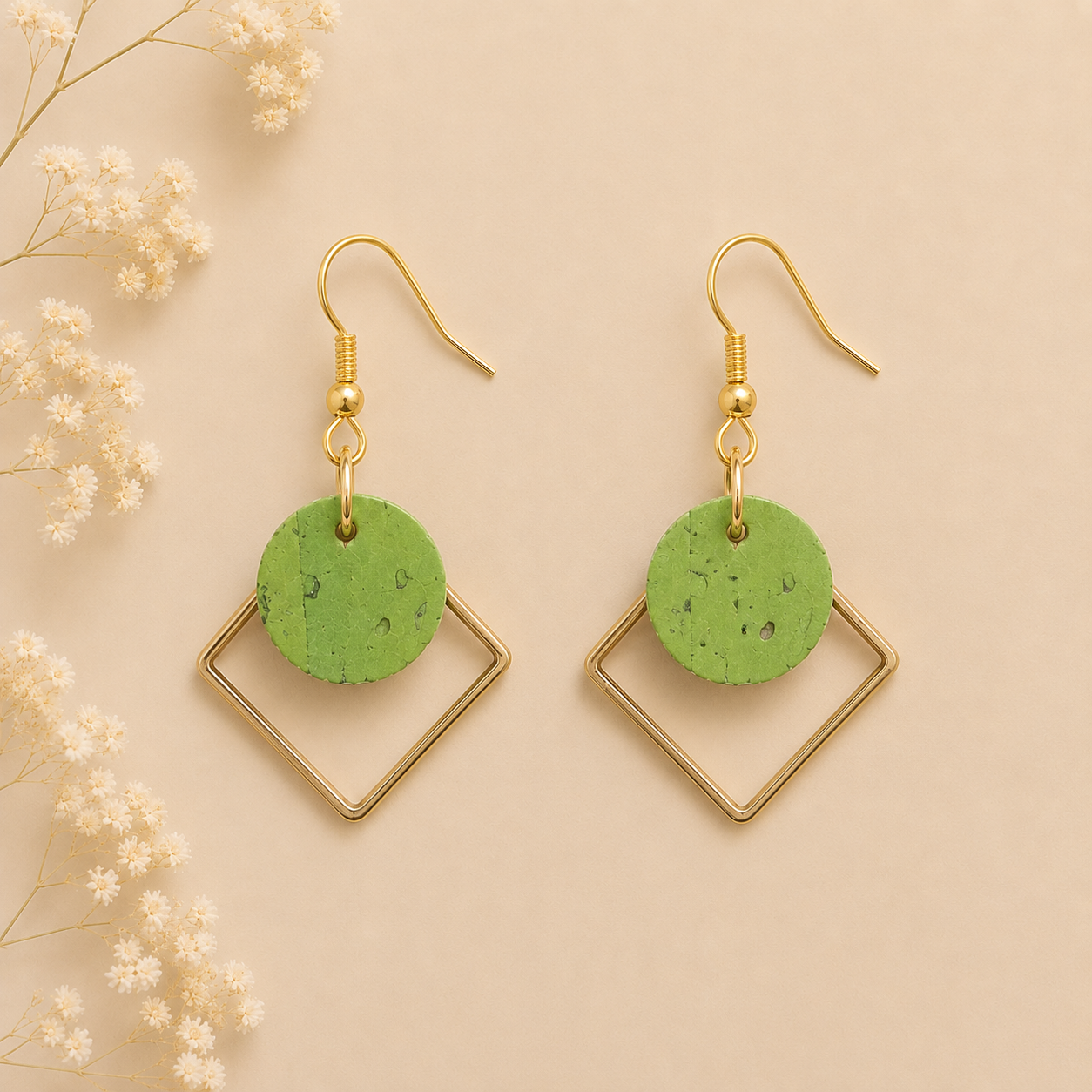 Round green cork fabric earrings with gold color diamond-shaped frames