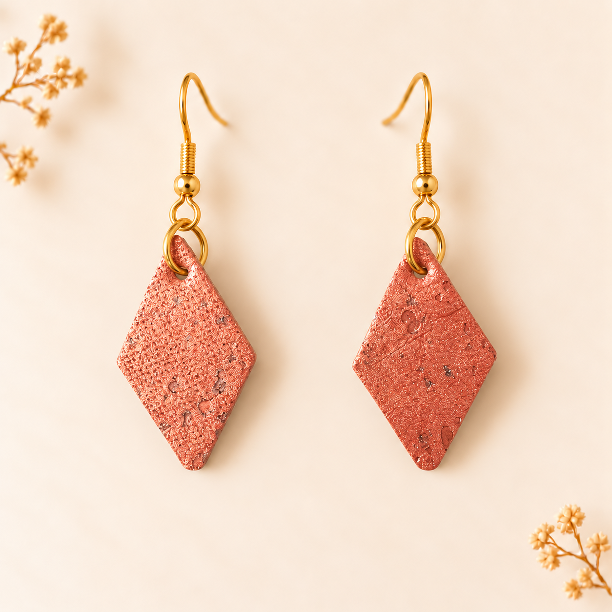 Earrings with diamond shaped copper colored cork fabric and gold colored hooks.