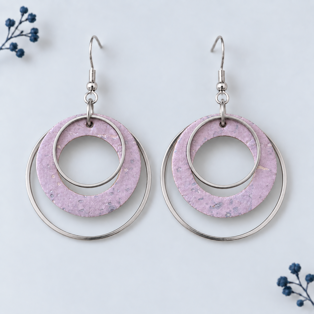 rose colored cork fabric with layered silver color hoops