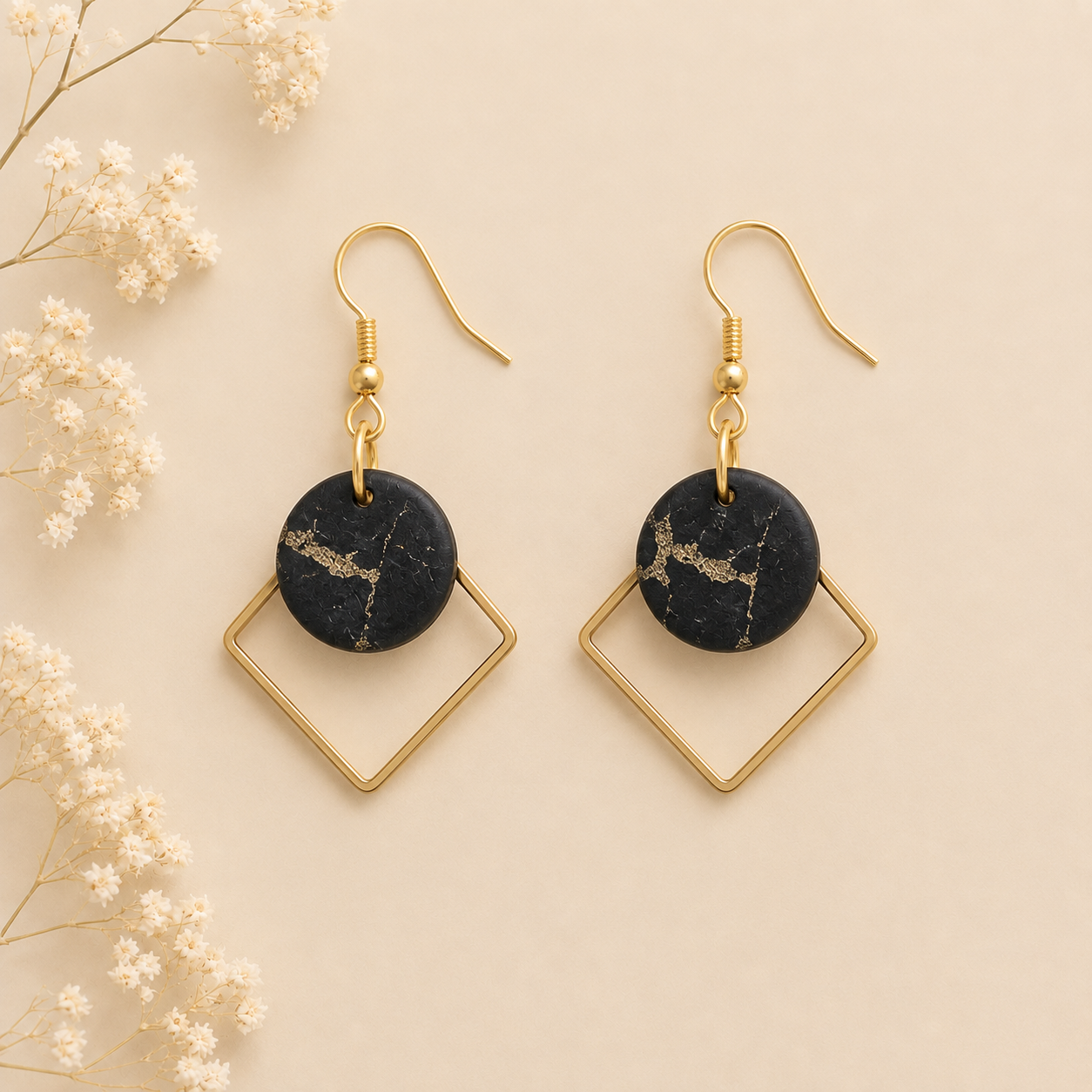 Round black gold color cork fabric earrings with gold diamond-shaped frames