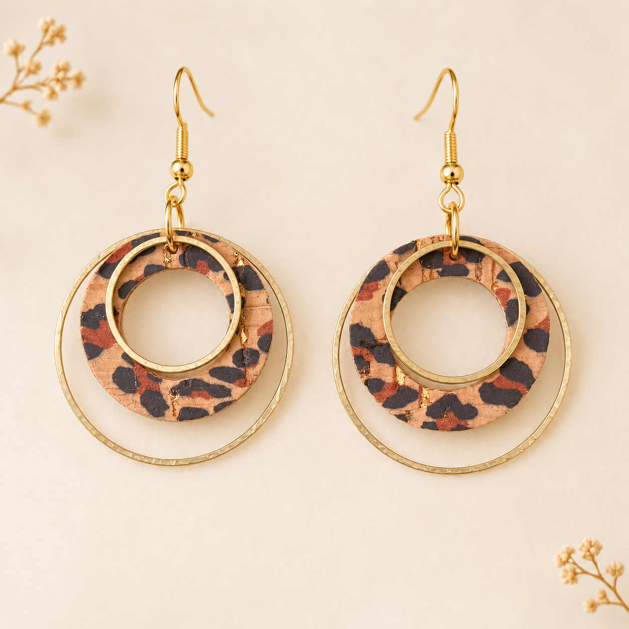 cheetah pattern  cork fabric with layered gold color hoops