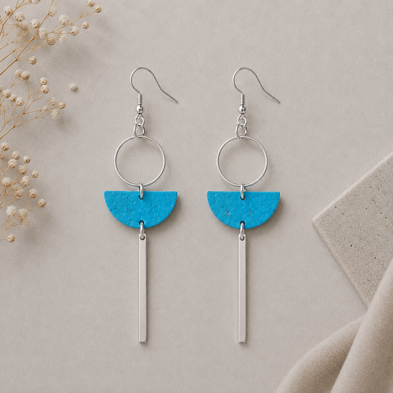 Geometric turqouise cork fabric earrings with silver color hoop and bar