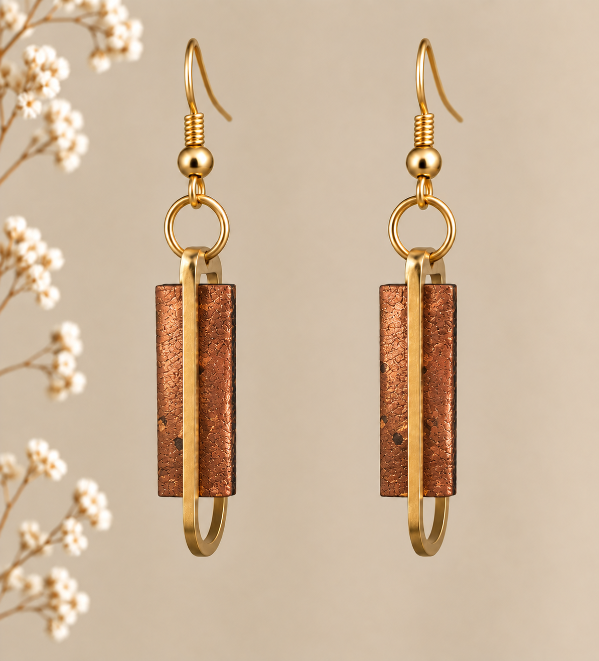 Copper color cork fabric earrings with gold color geometric frames