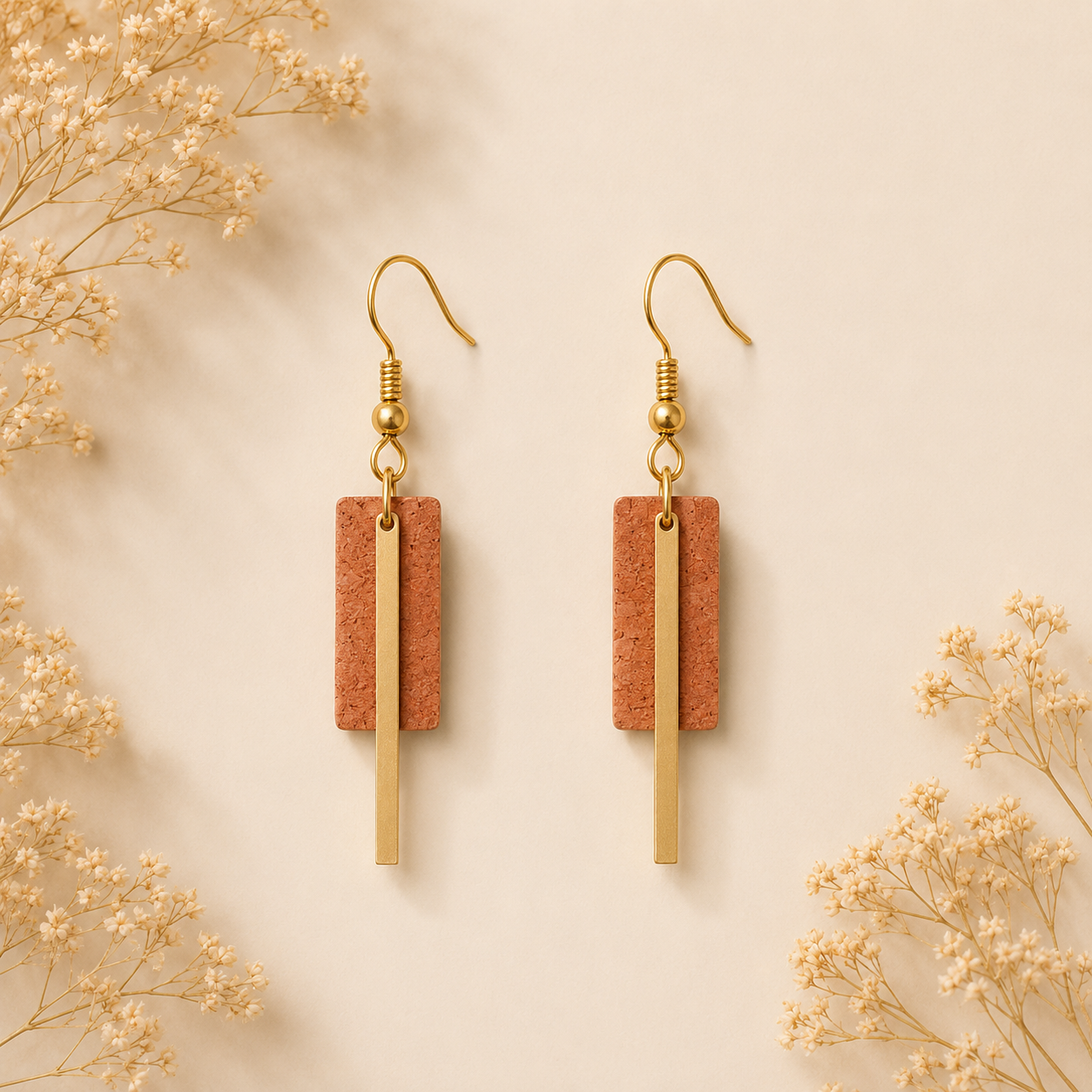 Geometric copper cork fabric earrings with sleek gold color bar