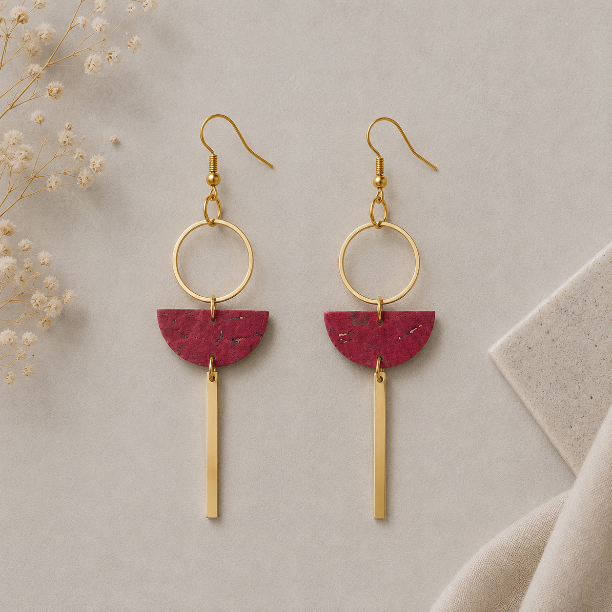 Geometric wine cork fabric earrings with gold color hoop and bar