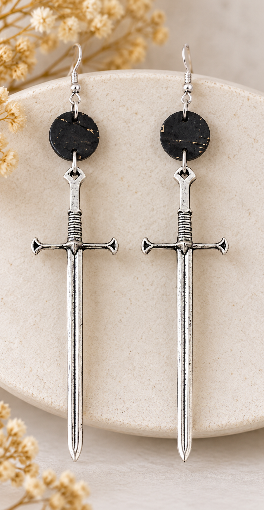 Black cork fabric earrings with long antique silver color sword charms and silver color earwires.