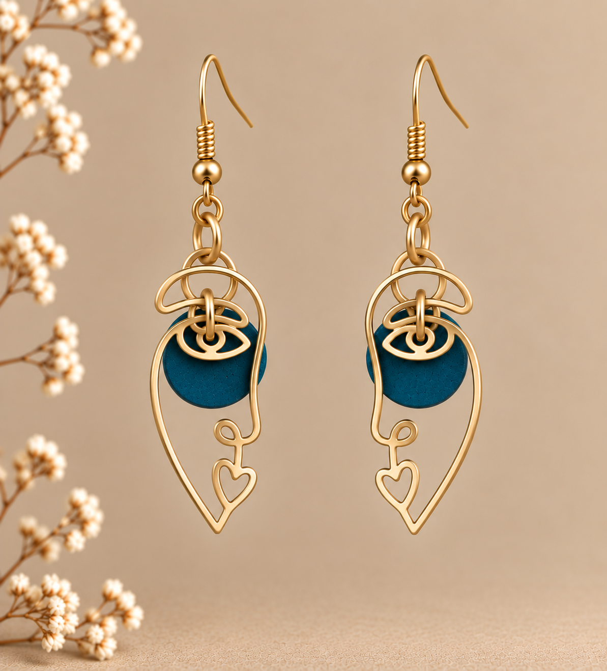 Abstract face gold-tone earrings with teal cork fabric circles and heart detail.