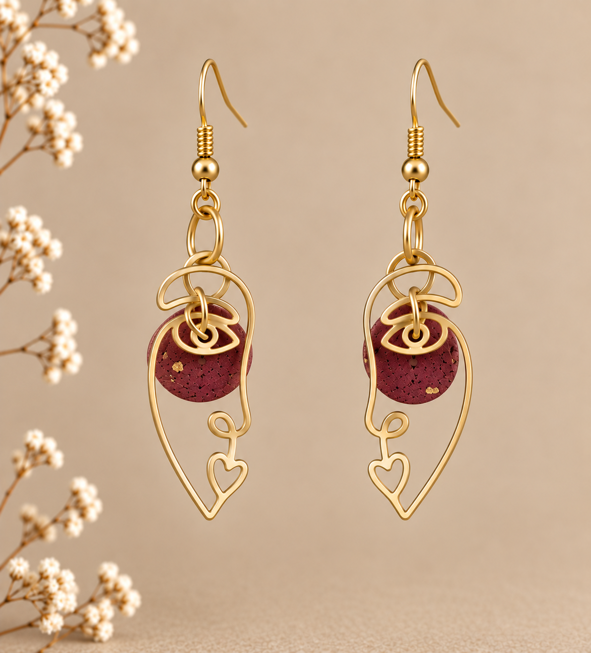 Abstract face gold-tone earrings with wine cork fabric circles and heart detail.