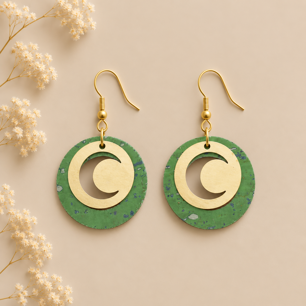 Round green cork fabric earrings with gold color crescent moon details.