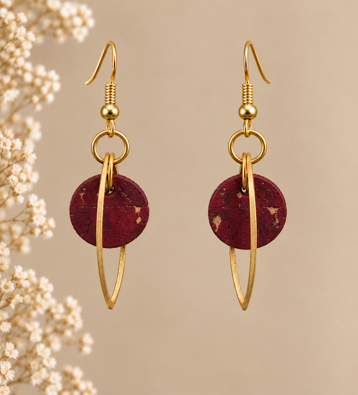 Round wine cork fabric earrings with gold color marquise-shaped frames..png