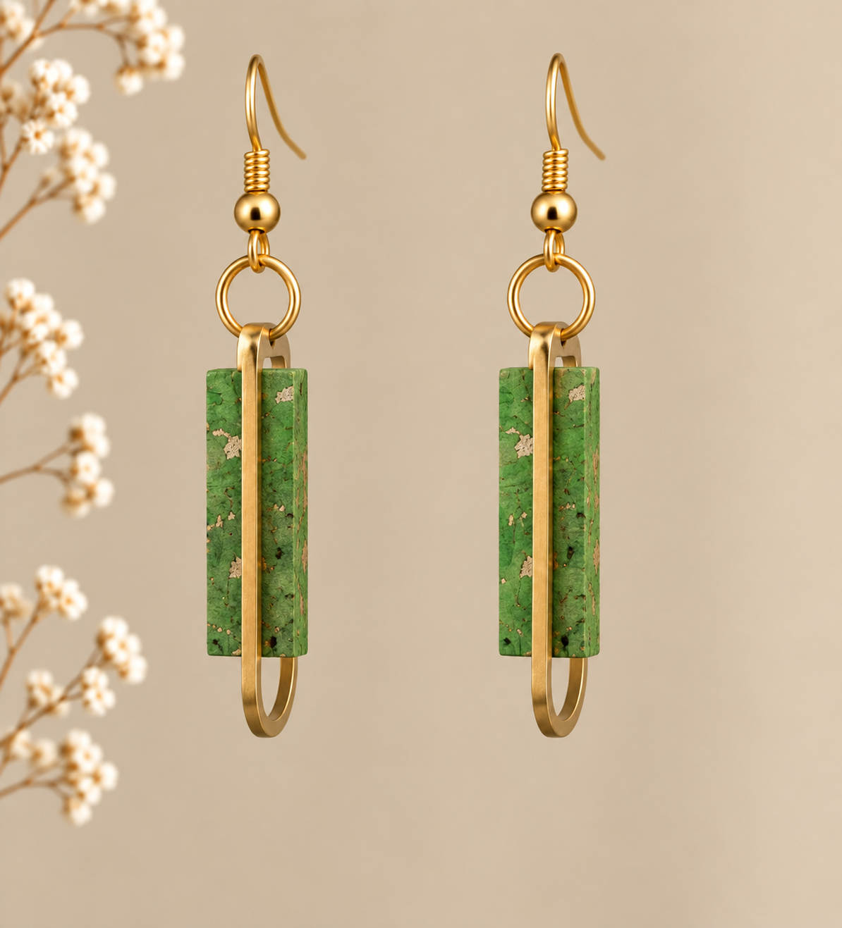 Green color cork fabric earrings with gold color geometric frames