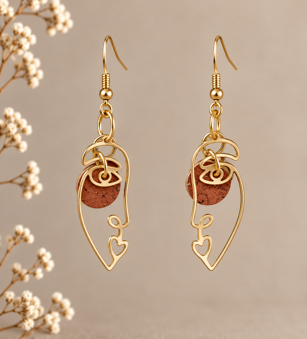 Abstract face gold-tone earrings with copper cork fabric circles and heart detail.